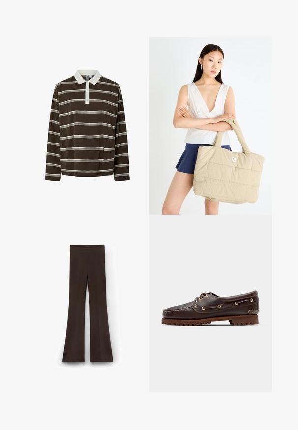 Brun långärmad polo t-shirt med horisontella vita ränder, en kontrasterande vit krage och en treknappslå. Mjuk tygkvalitet.; Bruna trumpetbyxor gjorda av stretchigt tyg med hög midja. Slät yta med sömmar som löper ner längs benen.; Bruna lädersko med båtstil, guldögon, runda skosnören och en texturerad brun gummisula. Har sydda detaljer och en upphöjd logotyp.; Beige kviltad tote-väska med vadderad textur och robusta handtag, med en liten logotyp på framsidan. Modell som bär en vit topp och marinblå kjol.