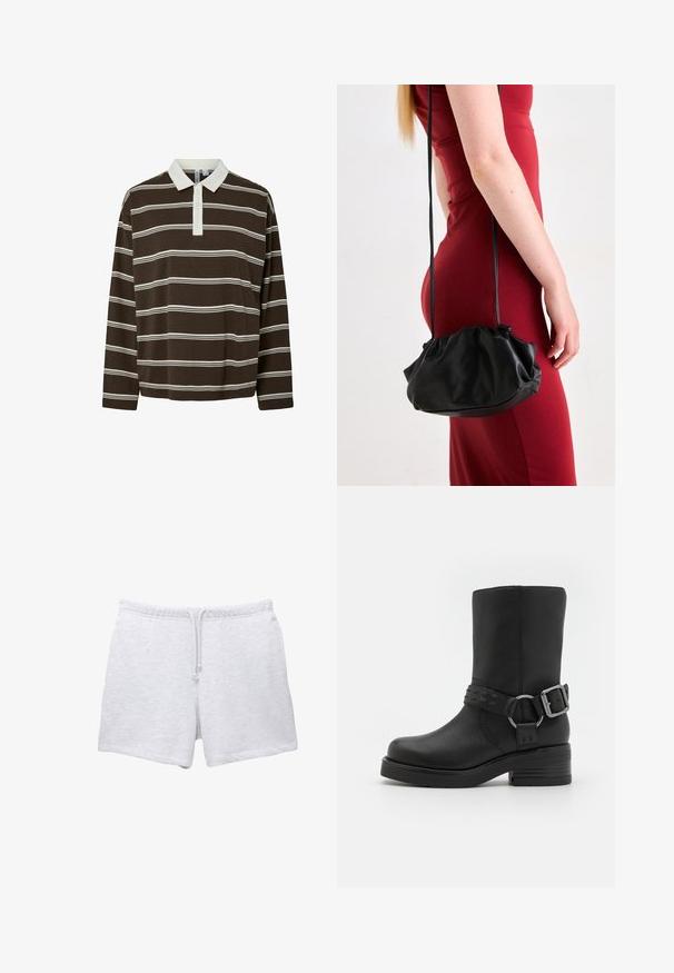 Brown long-sleeve polo shirt featuring horizontal white stripes, a contrast white collar, and a three-button placket. Soft fabric texture.; Light grey cotton shorts with an elastic waistband and drawstring. Features a soft texture and a straight cut with no visible patterns.; Black leather ankle boot with a rounded toe, a thick heel, and a decorative buckle strap around the ankle. Textured finish.; Black, slouchy handbag made of smooth material, featuring a drawstring closure and two shoulder straps, held by a person wearing a red dress.