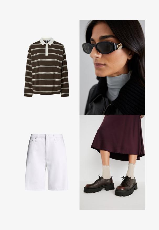 Smeđi dugi rukav polo majica sa horizontalnim bijelim prugama, kontrastnim bijelim ovratnikom i plaketom s tri gumba. Mekana tkanina.; Calvin Klein Jeans 90S STRAIGHT - Kratke hlače od trapera - denim light; smeđe kožne platforme s debelim crnim potplatima, uparene s rebrastim bež čarapama s valovitim rubovima, na prigušeno pozadinskom.; Crne sunčane naočale sa elegantnim pravokutnim okvirom i zlatnim logotipom na strani. Tamna stakla i sjajni finiš su istaknuti.