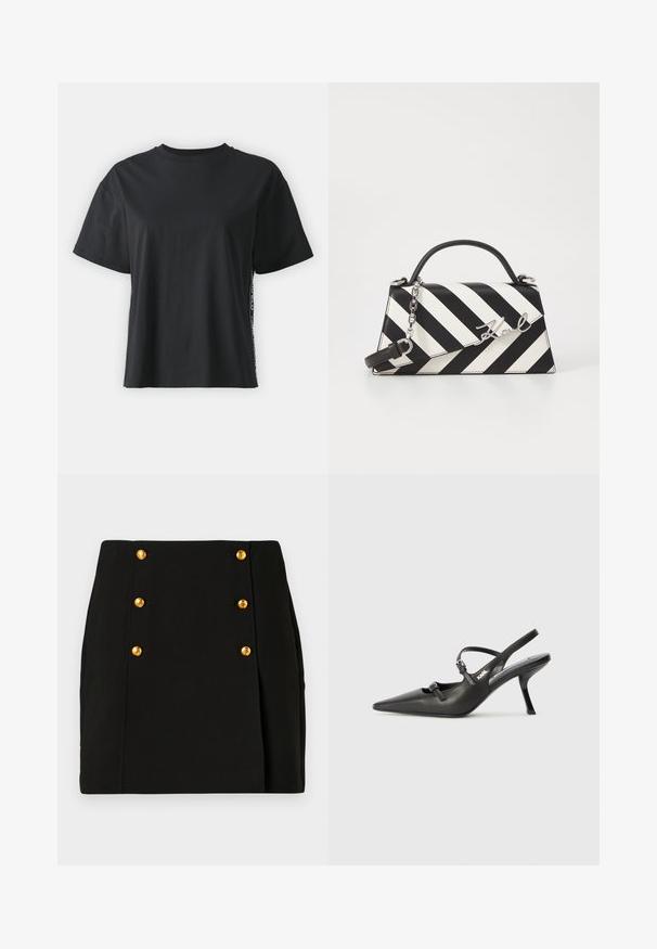 Fekete, rövid ujjú pamut póló, laza szabású, kontrasztos oldalsó panelekre jellemző kis szöveggel és dizájn részletekkel.; Fekete mini szoknya, testhez simuló fazonban, elülső paneljén négy arany gombbal és oldalsó redőzéssel. Sima anyagból készült.; Fekete bőrszíjjal ellátott magassarkú cipő, hegyes orral, karcsú sarkával és díszes csattal a vamp részén. Simás textúra és elegáns dizájn.; Fekete-fehér csíkos kézitáska, strukturált formával, felső fogantyúval, leválasztható lánc pánttal és fémes logóval.