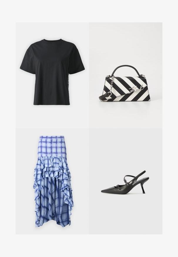 Musta lyhythihainen puuvillapaita rentoa mallia, jossa on erottuva sivupaneeli, johon on lisätty pieniä tekstejä ja yksityiskohtia.; Sininen ruudullinen hame, jossa on kerroksellisia röyhelöitä, sisältäen eri sävyjä sinisestä sekä sinivalkoisia tarkkuuskuvioita. Kevyt kangas, nilkkoihin ulottuva malli.; Mustat nahkaiset slingback-korkokengät, joissa on terävä kärki, hoikka korko ja koristeellinen solkityyny varpailla. Tasainen pinta ja tyylikäs muotoilu.; Mustikkamustavalkoinen raita käsilaukku, jossa on jämäkkä muoto, ylhäällä oleva kahva, irrotettava ketjuhihna ja metallinen logoelementti.
