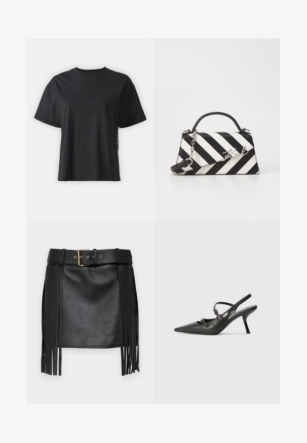 Fekete, rövid ujjú pamut póló, laza szabású, kontrasztos oldalsó panelekre jellemző kis szöveggel és dizájn részletekkel.; Fekete műbőr szoknya fröccsöntött részletekkel. Széles övvel rendelkezik, arany csattal és több állítható lukgal. Sima textúra.; Fekete bőrszíjjal ellátott magassarkú cipő, hegyes orral, karcsú sarkával és díszes csattal a vamp részén. Simás textúra és elegáns dizájn.; Fekete-fehér csíkos kézitáska, strukturált formával, felső fogantyúval, leválasztható lánc pánttal és fémes logóval.