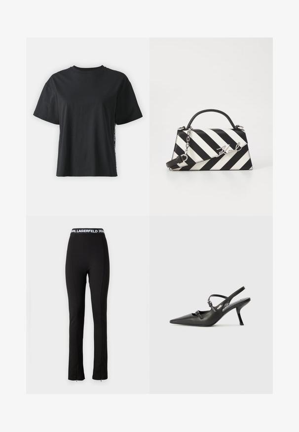 Schwarzes kurzärmliges Baumwoll-T-Shirt mit lockerer Passform und kontrastierendem Seitenpanel, das kleine Text- und Designdetails aufweist.; Schwarze Stretch-Hosen mit einem breiten Bund, der "KARL LAGERFELD JEANS" in Weiß trägt. Figurbetontes Design und Reißverschlussdetails am Saum.; Schwarzlederne Slingback-Absätze mit spitzer Zehenform, schlankem Absatz und dekorativem Schnallendetail auf dem Blatt. Glatte Textur und elegantes Design.; Schwarz-weiße gestreifte Handtasche mit strukturierter Form, ausgestattet mit einem oberen Griff, einem abnehmbaren Kettenriemen und einem metallischen Logo-Detail.