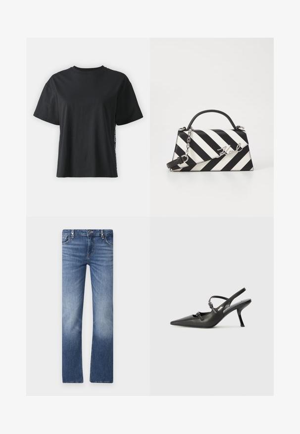 Tricou din bumbac negru cu mânecă scurtă, cu o croială lejeră și un panou lateral contrastant, având text mic și detalii de design.; Jeans din denim albastru cu croială dreaptă, având un design decolorat, cinci buzunare și accesorii de nuanță argintie la talie.; Pantofi cu toc slingback din piele neagră, cu vârful ascuțit, toc subțire și detaliu decorativ cu cataramă pe partea din față. Textură netedă și design elegant.; Geantă cu dungi alb-negru, cu o formă structurată, având un mâner superior, o curea din lanț detașabilă și un accent metalic cu logo.