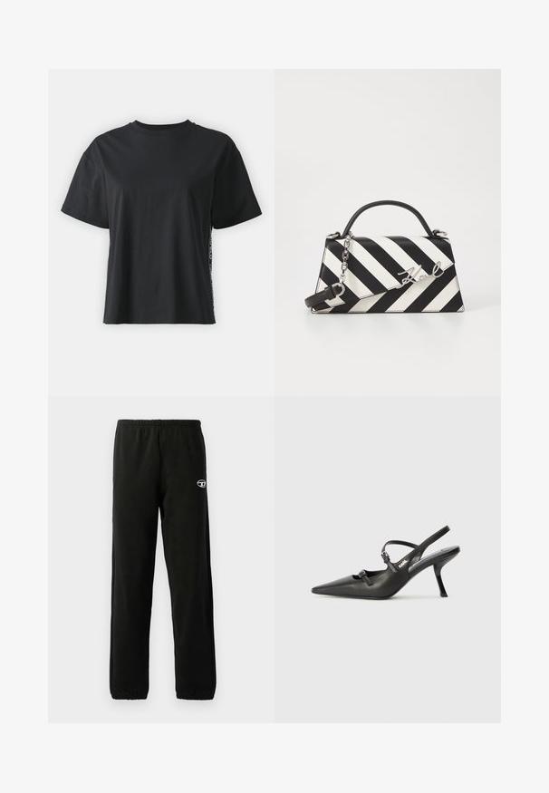 Juoda trumpomis rankovėmis medvilninė marškinėliai su laisvu siluetu ir kontrastine šonine juostele, kurioje yra mažas tekstas ir dizaino detalės.; Juodos sportinės kelnės su elastinga juosmens juosta ir rankogaliais. Ant šlaunies yra mažas logotipas. Pagamintos iš švelnios, lygaus audinio.; Juodi odiniai slingback kulniukai su smailiu pirštu, siauru kulnu ir dekoratyvine sagtimi viršuje. Lygus paviršius ir elegantiškas dizainas.; Juoda ir balta dryžuota rankinė su struktūrizuota forma, turinti viršutinę rankeną, nuimamą grandinėlės dirželį ir metalinį logotipo akcentą.