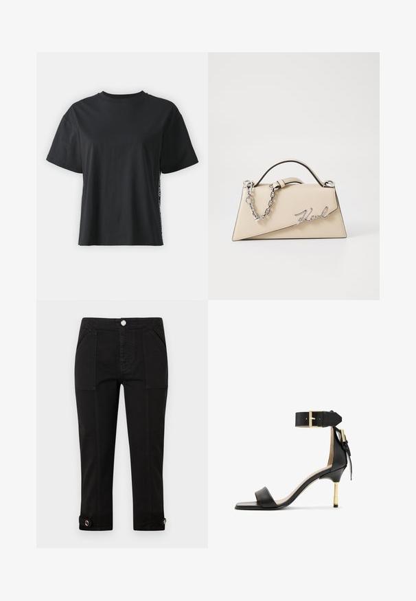 T-shirt in cotone nero a maniche corte con una vestibilità rilassata e pannelli laterali a contrasto che presentano piccole scritte e dettagli grafici.; Pantaloni neri a pantalone corto realizzati in denim, dotati di tasche frontali, chiusura con bottone e un risvolto con un accento a bottone su ciascuna gamba.; Sandal con tacco in pelle nera, punta quadrata, cinturino alla caviglia con fibbia dorata e tacco metallico slanciato. Texture liscia, design minimalista.; Borsa a mano in pelle beige con una forma triangolare strutturata, dotata di un manico in catena argentata e di un logo in metallo scritto in corsivo.; Orecchini in catena d'oro con un design accentuato da cristallo trasparente, con la marcatura incisa "GUESS" e una finitura liscia.