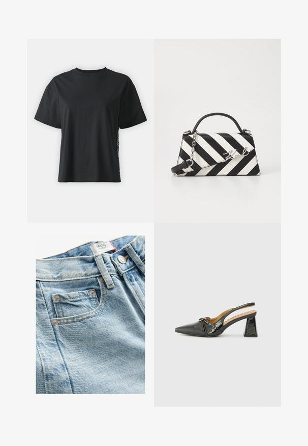 Fekete, rövid ujjú pamut póló, laza szabású, kontrasztos oldalsó panelekre jellemző kis szöveggel és dizájn részletekkel.; Világoskék, közepes derékú farmernadrág textúrált felülettel, kis elülső zsebbel és fém gombos záródással. Jellegzetes varrások láthatók.; Fekete patent bőr slingback cipő hegyes orral, háromszögletű sarokkal és díszes pánttal ezüst díszítéssel. Simogató textúra.; Fekete-fehér csíkos kézitáska, strukturált formával, felső fogantyúval, leválasztható lánc pánttal és fémes logóval.