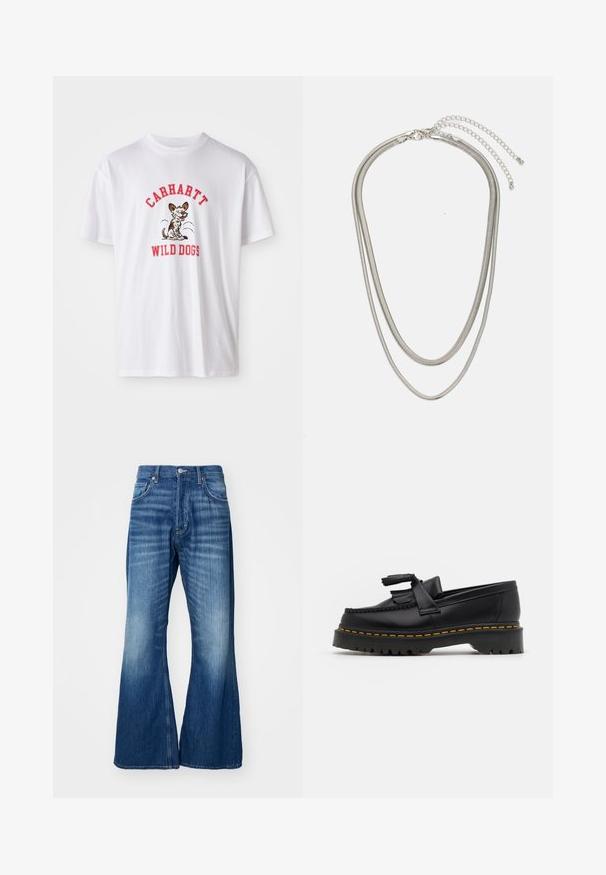 White cotton t-shirt featuring red embroidered text "CARHARTT WILD DOGS" and a cartoon dog graphic on the front. Short sleeves, round neckline.; Weekday TIME LOOSE - Straight leg jeans - mine blue; Black leather loafer with a tasseled accent, featuring a chunky black sole and yellow stitching along the edge. Textured finish.; Three-layered silver metal necklace featuring sleek, flexible chains with a slight sheen, secured with a lobster clasp and adjustable chain.