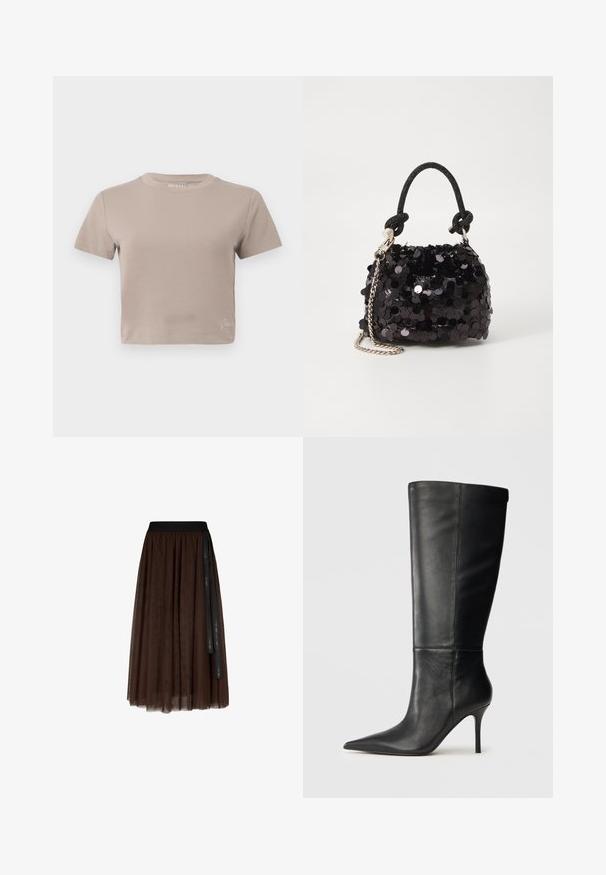 T-shirt taupe cropped com mangas curtas, decote redondo e pequeno detalhe de marca perto da bainha inferior.; Saia midi de tule castanha com cintura elástica preta e um longo detalhe de fita preta a pender de um lado.; Bota preta de couro até ao joelho com ponta fina e salto agulha esbelto, textura suave, perfil lateral sobre um fundo neutro.; Mala mini preta de lantejoulas com uma alça texturizada em nó e corrente prateada. Forma arredondada com parte superior pregueada e detalhes reflexivos.
