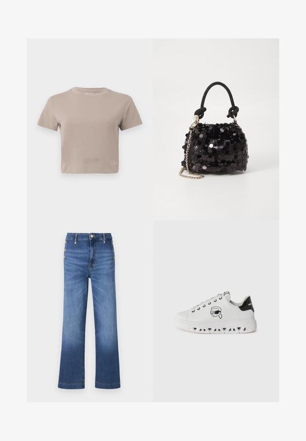 Taupe kratki majica s kratkim rukavima i okruglim izrezom, s malim brendiranim detaljem blizu donjeg ruba.; Široke plave traperice izrađene od denima, s kopčanjem na dugme i pet dugmadi s lijeve strane, te postupnim izbljeđivanjem nogavica.; Bijele tenisice s okruglim vrhom, strukturiranim bijelim đonom, s crnim sjajnim petnim poklopcem i otisnutim likom koji nosi sunčane naočale.; Crna mini torbica sa šljokicama, s čvorastim teksturiranim remenom i srebrnim lancem. Zaobljenog oblika s naboranim vrhom i reflektivnim detaljima.