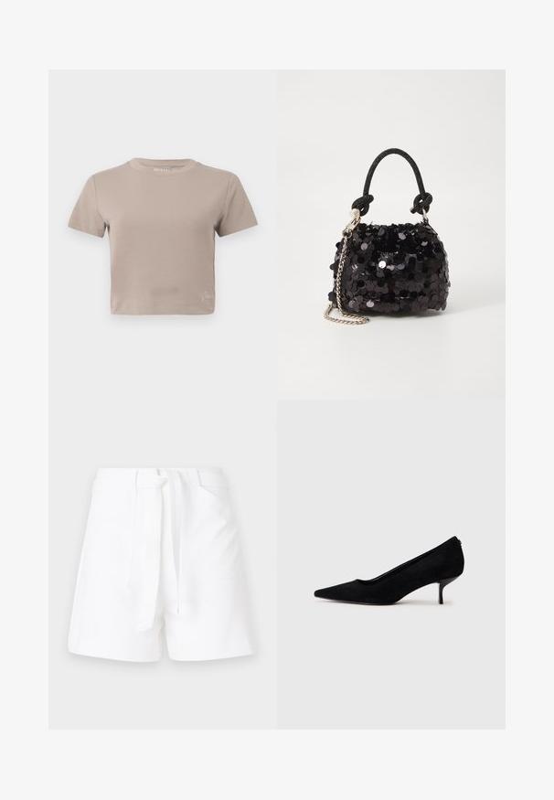 Taupe kortermet T-skjorte med rund hals og liten merkemerkedetalj nær bunnsømmen.; Hvite shorts med knyting i livet, med to sidelommer og et glatt, teksturert stoff. Klassisk snitt med rene linjer.; Sorte semskede høyhælte sko med spiss tå og slank, lav hæl. Glatt tekstur med et elegant design, uten synlig maskinvare.; Svart paljettmini-veske med en knyttet teksturert stropp og sølvkjede. Rund form med samlet topp og reflekterende detaljer.