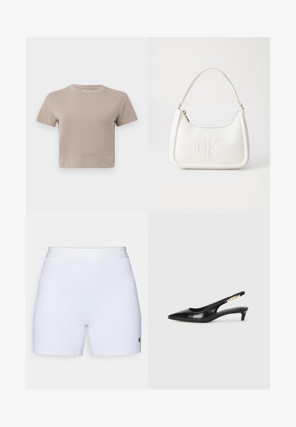 Taupe kortermet T-skjorte med rund hals og liten merkemerkedetalj nær bunnsømmen.; Hvite shorts laget av et glatt og elastisk stoff. Har en solid midjebånd med preget tekst og en liten logo på den nedre siden.; Sorte lærreim hæler med spiss tå, som har en slank hæl og en gullfarget detalj på den justerbare stroppen. Glatt tekstur.; Hvit lærveske med en buet fasong, med et preget "CK"-logo på forsiden og en enkel skulderstropp. Glidelåslukking på toppen.