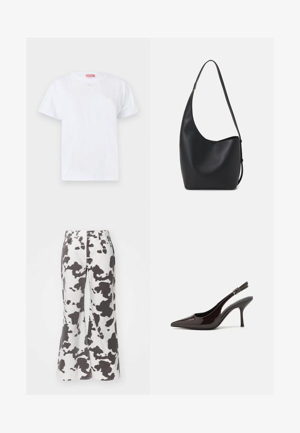 Balta medvilnė marškinėliai trumpomis rankovėmis, su apvaliu kaklu ir mažu logotipu ant krūtinės. Paprastas dizainas, lygi tekstūra ir tiesi apačia.; Balti džinsai su platėjančiais dugnais ir juodu karvės raštu. Savybės: penki kišenės, diržo kilpos ir priekinis užsegimas su mygtuku. Audinys atrodo patvarus.; Blizganti tamsiai ruda lakinės odos aukšto kulno bateliai, smailus nosis, atviros šoninės dalys ir reguliuojamas kulkšnies dirželis.; Juodas odinis hobo maišas su lygiu paviršiumi, kreipta forma ir viena reguliuojama rankena; turi platų atidarymą viršuje.