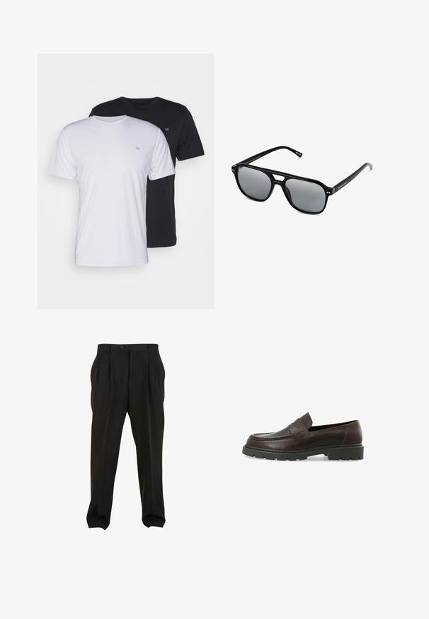 To bomulds t-shirts i hvid og sort, kortærmede med rund hals, med et lille logo på brystet, glat tekstur.; Sorte bukser med et glat stof, der har frontfolder, en knap i taljen og tapered ankler. Klassisk skræddersyet silhuet.; Mørkebrune læderloafers med en struktureret overflade, rund tå og en chunky sort gummisål. Har en dekorativ syet detalje.; Sorte solbriller med rektangulære rammer, gråt tonede linser og en broudskæring design. Slankt, glat plastmateriale med smalle stænger.