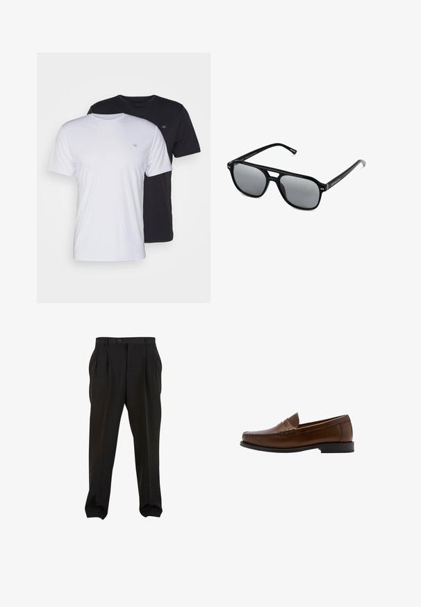 Två bomullströjor i vitt och svart, kortärmad med rund hals, med en liten logotyp på bröstet, slät textur.; Svarta byxor i en slät tygkvalitet, med framfickor, en knapp i midjan och avsmalnande ankleder. Klassisk skräddarsydd silhuett.; Mango Slip-ins - brown; Svarta solglasögon med rektangulära bågar, gråtonade linser och en design med urtag i näsbryggan. Slank, glänsande plastmaterial, med smala skalmar.