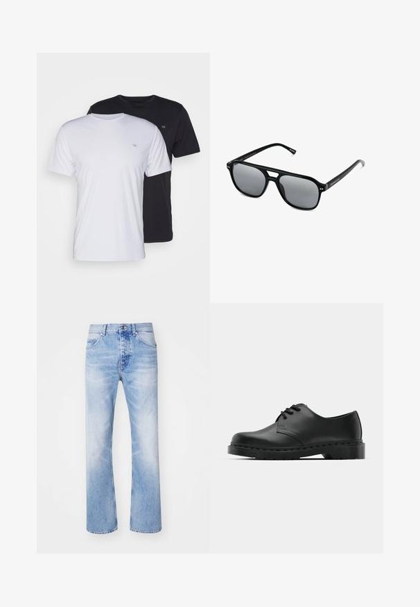 Två bomullströjor i vitt och svart, kortärmad med rund hals, med en liten logotyp på bröstet, slät textur.; Ljust blå denimjeans med rak bendesign, med en klassisk femficksstil och ett subtilt blekt mönster.; Svart lädersko i oxford-stil med snörningsdesign, rund tå, platt gummisula och subtila sömdetaljer längs ovandelen.; Svarta solglasögon med rektangulära bågar, gråtonade linser och en design med urtag i näsbryggan. Slank, glänsande plastmaterial, med smala skalmar.