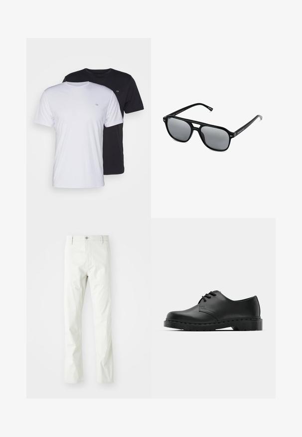 Dwie bawełniane koszulki w kolorze białym i czarnym, z krótkim rękawem i okrągłym dekoltem, z małym logo na piersi, o gładkiej fakturze.; Jasnoszare bawełniane spodnie z prostymi nogawkami, z zapięciem na guzik, kieszeniami z przodu i delikatną fakturą.; Czarne skórzane półbuty oxford z zapięciem na sznurowadła, zaokrąglonym noskiem, płaską gumową podeszwą oraz subtelnym przeszyciem na cholewce.; Czarne okulary przeciwsłoneczne z prostokątnymi oprawkami, szarymi soczewkami i wycięciem w mostku. Gładki, błyszczący materiał plastikowy, z wąskimi zausznikami.