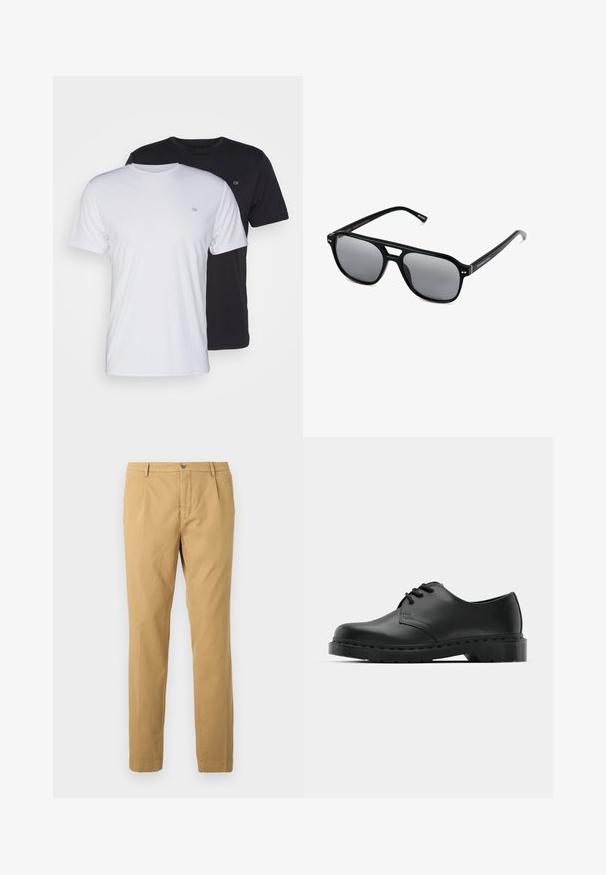 Zwei Baumwoll-T-Shirts in Weiß und Schwarz, kurzärmlig mit Rundhalsausschnitt, mit einem kleinen Logo auf der Brust, glatte Textur.; Beige Baumwollhose mit geradem Bein, Reißverschluss und Knopfverschluss sowie Taschen vorne und hinten.; Schwarze Leder-Oxford-Schuhe mit Schnürdesign, runder Zehenform, flacher Gummisohle und subtilen Nähten entlang des oberen Teils.; Schwarze Sonnenbrille mit rechteckigen Rahmen, grauen getönten Gläsern und einer Aussparung im Nasensteg. Schlanker, glänzender Kunststoff, mit schmalen Bügeln.