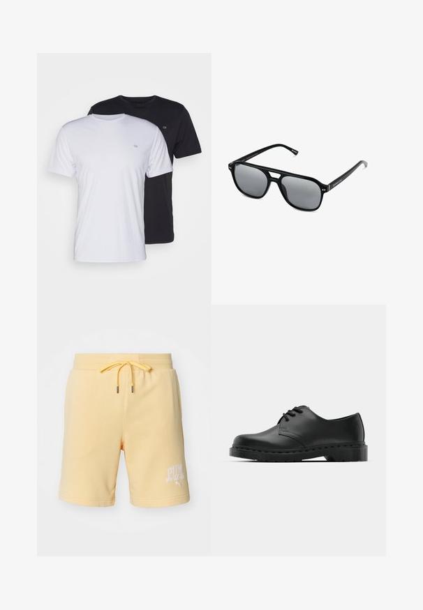 Two cotton t-shirts in white and black, short-sleeved with round necks, featuring a small logo on the chest, smooth texture.; Yellow cotton shorts with an elastic waistband and drawstring. Features white "PUMA sports club" logo on the lower left side. Soft texture.; Black leather oxford shoe with lace-up design, rounded toe, flat rubber sole, and subtle stitching detail along the upper.; Black sunglasses with rectangular frames, gray tinted lenses, and a bridge cutout design. Sleek, glossy plastic material, with narrow temples.