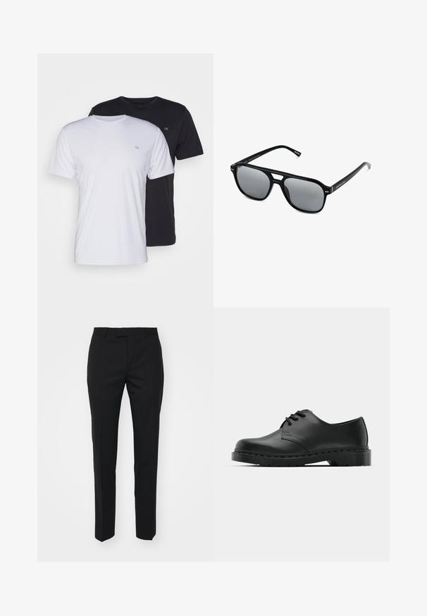 Dos camisetas de algodón en blanco y negro, de manga corta y cuello redondo, con un pequeño logo en el pecho, de textura suave.; Pantalones negros con un diseño de pierna recta, hechos de una tela suave. Presentan pliegues frontales, bolsillos laterales y una cintura plana.; Zapato oxford de cuero negro con diseño de cordones, punta redonda, suela de goma plana y un sutil detalle de costura en la parte superior.; Gafas de sol negras con montura rectangular, lentes ahumados grises y diseño con corte en el puente. Material plástico brillante y elegante, con varillas estrechas.
