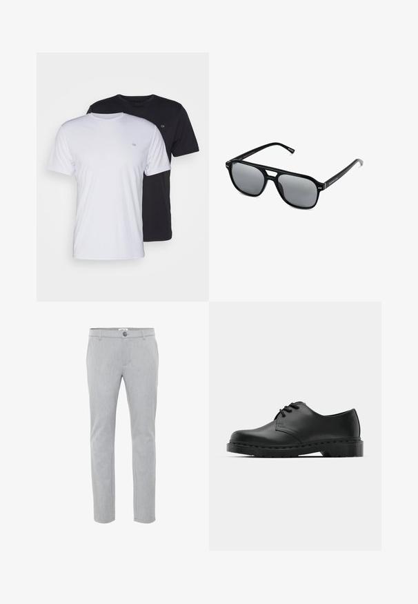 Twee katoenen t-shirts in het wit en zwart, met korte mouwen en ronde halsen, voorzien van een klein logo op de borst, met een soepele textuur.; Lichtgrijze broeken van geweven stof, met een platte voorkant, knoopsluiting en rechte pijpen. Strakke lijnen en minimale details.; Zwarte leren oxford schoenen met vetersluiting, ronde neus, platte rubberen zool en subtiele stiksel details langs het bovenwerk.; Zwarte zonnebril met rechthoekige montuur, grijs getinte glazen en een uitgesneden ontwerp bij de neusbrug. Strak, glanzend kunststof materiaal met smalle veren.