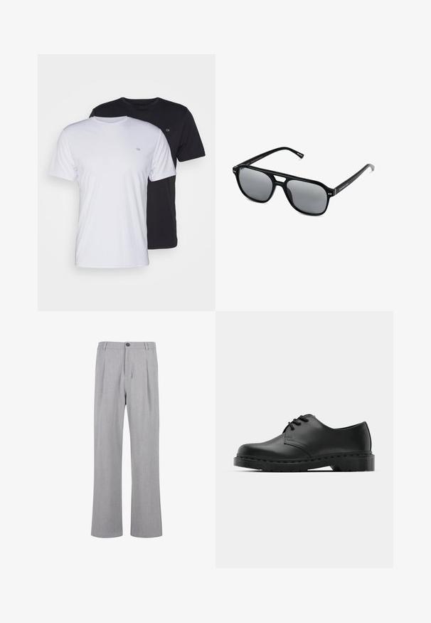 Twee katoenen t-shirts in het wit en zwart, met korte mouwen en ronde halsen, voorzien van een klein logo op de borst, met een soepele textuur.; Grijze geplooide broek van lichtgewicht stof, met een knoopsluiting, wijde pijpen en een gladde textuur met een subtiel patroon.; Zwarte leren oxford schoenen met vetersluiting, ronde neus, platte rubberen zool en subtiele stiksel details langs het bovenwerk.; Zwarte zonnebril met rechthoekige montuur, grijs getinte glazen en een uitgesneden ontwerp bij de neusbrug. Strak, glanzend kunststof materiaal met smalle veren.