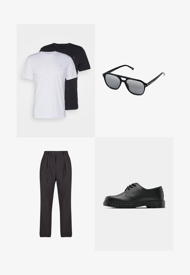 Två bomullströjor i vitt och svart, kortärmad med rund hals, med en liten logotyp på bröstet, slät textur.; Svarta skräddarsydda byxor i slätt tyg med framfåror, enstaka knappstängning och raka ben utan synliga mönster.; Svart lädersko i oxford-stil med snörningsdesign, rund tå, platt gummisula och subtila sömdetaljer längs ovandelen.; Svarta solglasögon med rektangulära bågar, gråtonade linser och en design med urtag i näsbryggan. Slank, glänsande plastmaterial, med smala skalmar.