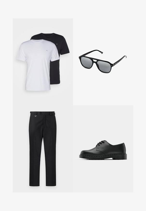 Twee katoenen t-shirts in het wit en zwart, met korte mouwen en ronde halsen, voorzien van een klein logo op de borst, met een soepele textuur.; Zwarte op maat gemaakte broeken met een rechte pasvorm, voorzien van een knoopsluiting en riemlussen. Gladde textuur met minimale details.; Zwarte leren oxford schoenen met vetersluiting, ronde neus, platte rubberen zool en subtiele stiksel details langs het bovenwerk.; Zwarte zonnebril met rechthoekige montuur, grijs getinte glazen en een uitgesneden ontwerp bij de neusbrug. Strak, glanzend kunststof materiaal met smalle veren.