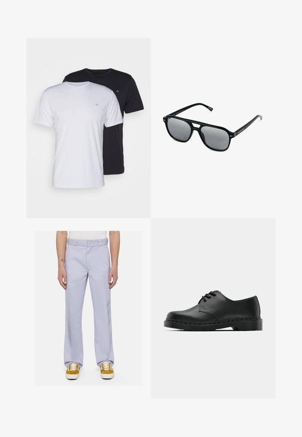 Två bomullströjor i vitt och svart, kortärmad med rund hals, med en liten logotyp på bröstet, slät textur.; Ljuslila byxor i slätt tyg, med rak benstil, sydd midja och minimal design, tillsammans med vita sneakers.; Svart lädersko i oxford-stil med snörningsdesign, rund tå, platt gummisula och subtila sömdetaljer längs ovandelen.; Svarta solglasögon med rektangulära bågar, gråtonade linser och en design med urtag i näsbryggan. Slank, glänsande plastmaterial, med smala skalmar.