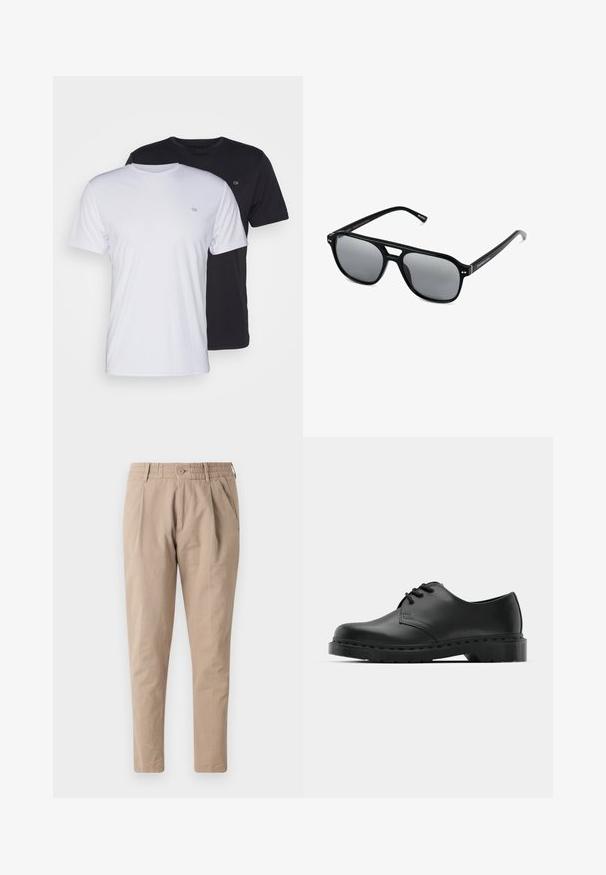 Dwie bawełniane koszulki w kolorze białym i czarnym, z krótkim rękawem i okrągłym dekoltem, z małym logo na piersi, o gładkiej fakturze.; Beżowe bawełniane spodnie o luźnym kroju, z elastycznym pasem, zapięciem na guzik i bocznymi kieszeniami. Gładka faktura, zwężany krój nogawek.; Czarne skórzane półbuty oxford z zapięciem na sznurowadła, zaokrąglonym noskiem, płaską gumową podeszwą oraz subtelnym przeszyciem na cholewce.; Czarne okulary przeciwsłoneczne z prostokątnymi oprawkami, szarymi soczewkami i wycięciem w mostku. Gładki, błyszczący materiał plastikowy, z wąskimi zausznikami.