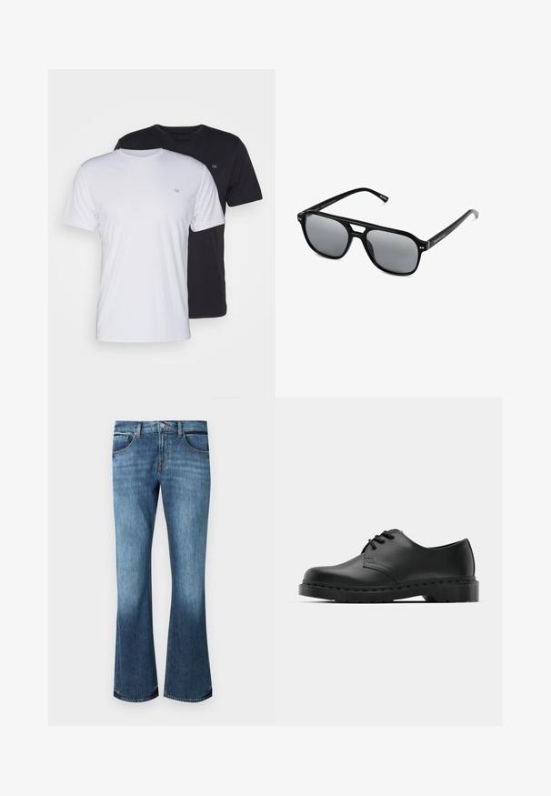 Dwie bawełniane koszulki w kolorze białym i czarnym, z krótkim rękawem i okrągłym dekoltem, z małym logo na piersi, o gładkiej fakturze.; Niebieskie dżinsy o rozszerzanym kroju z średnim praniem, z pięcioma kieszeniami, zamkiem błyskawicznym i delikatnym wyblaknięciem w kierunku dołu nogawek.; Czarne skórzane półbuty oxford z zapięciem na sznurowadła, zaokrąglonym noskiem, płaską gumową podeszwą oraz subtelnym przeszyciem na cholewce.; Czarne okulary przeciwsłoneczne z prostokątnymi oprawkami, szarymi soczewkami i wycięciem w mostku. Gładki, błyszczący materiał plastikowy, z wąskimi zausznikami.