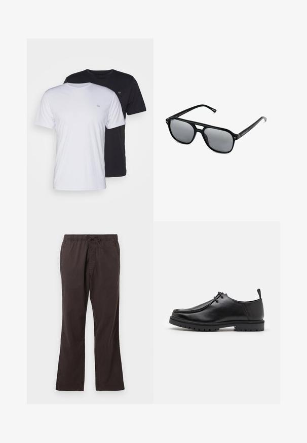 Two cotton t-shirts in white and black, short-sleeved with round necks, featuring a small logo on the chest, smooth texture.; Dark brown elastic waist pants with a drawstring, featuring a straight leg design and smooth, textured fabric.; Black leather lace-up shoe with a rugged sole and pull tab at the heel, shown from the side on a white background.; Black sunglasses with rectangular frames, gray tinted lenses, and a bridge cutout design. Sleek, glossy plastic material, with narrow temples.