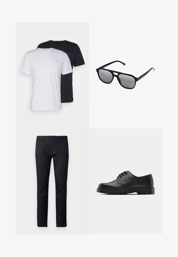 Dwie bawełniane koszulki w kolorze białym i czarnym, z krótkim rękawem i okrągłym dekoltem, z małym logo na piersi, o gładkiej fakturze.; Czarne bawełniane spodnie o prostym kroju nogawki, z paskami na pasek i z zapięciem na guzik. Posiada delikatne detale przeszycia w okolicy pasa.; Czarne skórzane półbuty oxford z zapięciem na sznurowadła, zaokrąglonym noskiem, płaską gumową podeszwą oraz subtelnym przeszyciem na cholewce.; Czarne okulary przeciwsłoneczne z prostokątnymi oprawkami, szarymi soczewkami i wycięciem w mostku. Gładki, błyszczący materiał plastikowy, z wąskimi zausznikami.