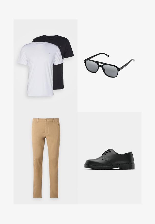 Twee katoenen t-shirts in het wit en zwart, met korte mouwen en ronde halsen, voorzien van een klein logo op de borst, met een soepele textuur.; Slim-fit beige chino's met knoopsluiting, voorzakken en een gladde textuur. Eenvoudig ontwerp, toelopende pijpen en een nette zoom.; Zwarte leren oxford schoenen met vetersluiting, ronde neus, platte rubberen zool en subtiele stiksel details langs het bovenwerk.; Zwarte zonnebril met rechthoekige montuur, grijs getinte glazen en een uitgesneden ontwerp bij de neusbrug. Strak, glanzend kunststof materiaal met smalle veren.