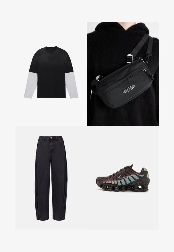 Mustvalge pika varrukaga T-särk ümmarguse kaelusega. Must keha ja varrukad, valged alumised varrukad. Valmistatud pehmest ja siledast kangast.; Mustad laiad teksapüksid, mis on valmistatud siledast denimist. Omavad kõrget taljejoont, esikotte ja nööpe kinnitamist talje ümber.; Nike jooksujalatsid tumepruuni ülemise poolega, sinise gradientaktsendiga ja läikiva musta tallaga, mis sisaldab elastset, virnastatud õhkpaddingut.; Musthave musta nailonkott rihmaga, millel on reguleeritav rihm, siledapinnaline tekstuur, eespool tõmblukuga tasku ja logo aktsent.