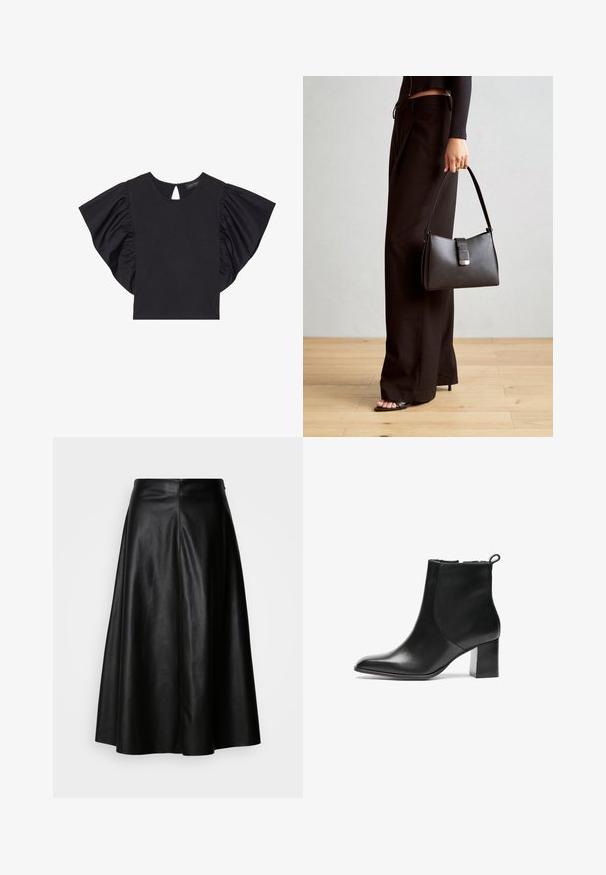 Crna kratka majica s dramatičnim naboranim rukavima, okruglim izrezom i otvorom u leđima. Mekan materijal.; Crna kožna suknja s lepršavim dizajnom, do koljena, s glatkom teksturom i čistim, strukturiranim šavovima straga za krojeni izgled.; Crne kožne gležnjače s okruglim vrhom, središnjom blok petom i pomoću petlje na stražnjem dijelu. Glatka tekstura, minimalistički dizajn.; Crna torba s oblikom koji sadrži strukturu, glađu teksturu i metalnu kopču. Uparena s širokim crnim hlačama i sandalama na otvorenom s drvenog poda.