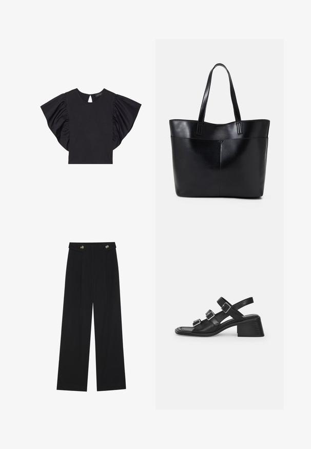 Black short-sleeve top featuring dramatic ruffled sleeves, a round neckline, and a keyhole detail at the back. Soft material.; Black wide-leg trousers with high waist, button details on waistband, and front pleats.; Black leather sandal with three adjustable buckle straps, a square toe, and a tapered block heel. Smooth texture and minimalistic design.; Black leather tote bag with two long handles, a smooth texture, and a structured shape. Features a front pocket for additional storage.