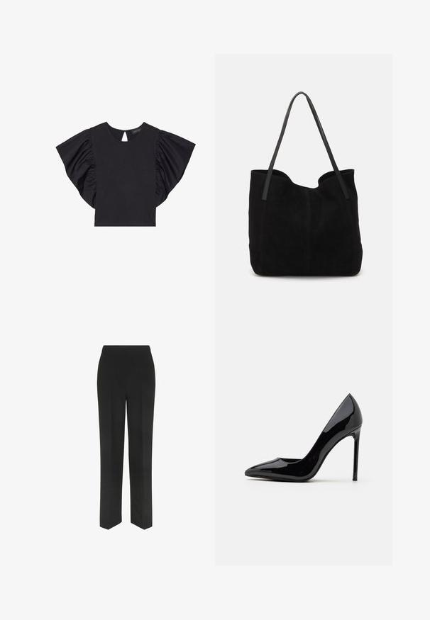 Black short-sleeve top featuring dramatic ruffled sleeves, a round neckline, and a keyhole detail at the back. Soft material.; Black trousers with a straight leg design, featuring a simple waistband and no visible pockets, displayed against a white background.; Call it Spring MESMERIZE - Classic heels - other black; Black suede tote bag with two long, flat leather straps. Features a curved top edge and visible stitching along the front. No hardware accents.; Silver metallic leather jacket with shearling collar, featuring a zip closure and textured surface. Large teardrop earrings with clear gemstones.
