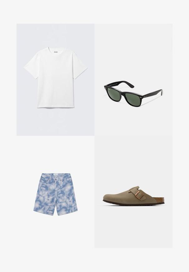 Valge lühikeste varrukatega puuvillane T-särk, millel on ümarsärk ja lõdvestunud lõige. Kangas on sile ja ühtlase tekstuuriga.; Heledad sinine denimpüksid, millel on pilvemuster. Valmistatud puuvillast, neil on klassikaline viie tasku disain ja nup closure.; Pruunid puukingad siledast mattviimistlusest. Külgedel on silmnähtav pronksist pandla. Kork sisetald ja kummist väljatalla mugavuse tagamiseks.; Mustad mustan plastiku prillid roheliste läätsedega, ruudukujulised raamid, hõbedane aksent kulmude peal ja tekstuuriga tempelkäed. Brändi nimi on märgitud sisevarrele.