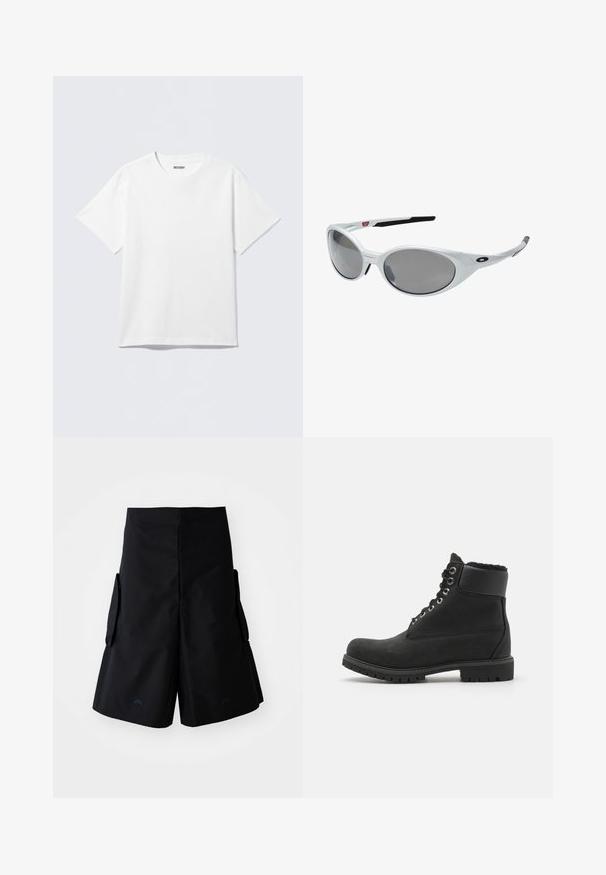 Hvid T-shirt med korte ærmer lavet af bomuld, med rund halsudskæring og løs pasform. Stoffet har en glat og jævn tekstur.; A-COLD-WALL* FORM SHORT - Shorts - black onyx; Sort ankelstøvle lavet af suede med en gummisål, der har metaløjer, snørebånd og en blød faux fur-krave rundt om toppen.; Hvide plast solbriller med store ovale linser, gråtonede. Har sorte øre greb og et lille logo på rammen. Glat overflade.