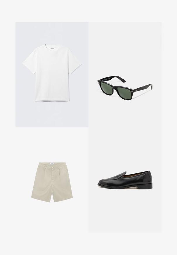 Weißes T-Shirt mit kurzen Ärmeln aus Baumwolle, mit Rundhalsausschnitt und lockerer Passform. Der Stoff hat eine glatte, gleichmäßige Textur.; Beige maßgeschneiderte Shorts mit flachem Bund, zwei Seiten Taschen und einem einzelnen Knopfverschluss. Hergestellt aus einem leichten, glatten Stoff.; Schwarze Lederloafer mit glatter Oberfläche, abgerundetem Zehenbereich, niedrigem Absatz und seitlichen Schlitzen für einfaches Anziehen. Mit einem dezenten Logo-Detail auf der Vorderseite.; Schwarze Plastiksonnenbrille mit grünen Gläsern, quadratischen Rahmen, silbernem Akzent auf der Augenbraue und strukturierten Bügeln. Angegebene Marke auf dem inneren Bügel.; Set aus fünf metallischen Ringen in unterschiedlichen Breiten. Die Ringe haben eine glatte, polierte Oberfläche und eine einheitliche silberne Farbe.