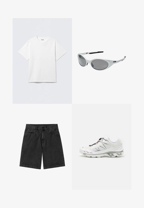 Bílé tričko s krátkým rukávem z bavlny, s kulatým výstřihem a volnějším střihem. Tkanina má hladkou a rovnoměrnou texturu.; Černé deninové šortky se rovným střihem, pěti kapsami a zapínáním na knoflík. Hladká textura s minimálním vyblednutím a detaily šití.; Bílé sportovní boty s texturovaným svrškem, reflexními detaily a šedou podešví. Vyznačují se akcentovanými trojúhelníkovými vzory a systémem rychlého šněrování.; Bílé plastové sluneční brýle s velkými oválnými skly, šedě tónovanými. Mají černé držáky na uši a malé logo na rámu. Hladký povrch.