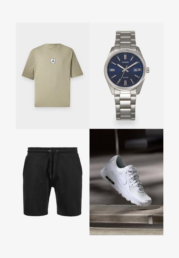 T-shirt in cotone khaki con maniche corte, caratterizzato da un piccolo logo Jordan nero su uno sfondo bianco sulla parte anteriore. Design semplice e vestibilità rilassata.; Pantaloni corti neri realizzati in tessuto testurizzato. Presentano una vita elastica con coulisse e tasche laterali. Design semplice e dritto.; Sneaker Nike Air Max 90 bianco con tomaia in mesh e pelle, punta forata e un'unità air visibile nel tallone.; Orologio da polso in acciaio inossidabile argento con quadrante blu navy, indici metallici e finestra della data alle 3. Resistente all'acqua fino a 50 metri.