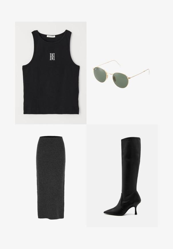 Débardeur noir côtelé avec un col rond et un logo brodé en blanc. Le tissu a une texture lisse avec une coupe ajustée.; Jupe crayon en tricot de couleur gris foncé, mi-longue, avec une coupe ajustée, texture lisse et taille élastique pour le confort.; Stuart Weitzman Bottes - black; Lunettes de soleil avec monture en métal doré, verres verts, forme ronde, branches fines et accents en plastique blanc aux extrémités des branches.