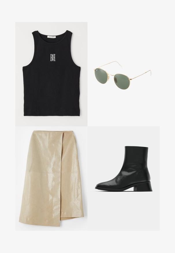 Top de alças preto com textura canelada, apresentando um decote redondo e um logótipo bordado em branco. O tecido tem uma textura suave e um corte justo.; Saia de imitação de couro bege com padrão texturizado de pele de cobra brilhante; apresenta um design envolvente e uma abertura lateral para um detalhe extra.; Bota de tornozelo preta feita de couro brilhante, com um design elegante, ponta afilada e um salto bloco moderado para estabilidade.; Óculos de sol com armação metálica dourada e lentes verdes, de forma redonda, com hastes finas e detalhes em plástico branco nas extremidades das hastes.