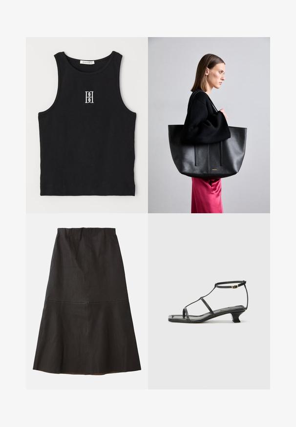 Black ribbed tank top featuring a round neckline and embroidered logo in white. Fabric has a smooth texture with a fitted shape.; Black, knee-length A-line skirt made of smooth, textured fabric. Features a mid-rise waist and a subtle seam detail.; Black leather sandal with a square toe, thin straps, adjustable ankle strap, and a low heel. Features a small gold accent on the strap.; Black leather tote bag with a textured finish, featuring two vertical lines, dual shoulder straps, and a minimalist design.