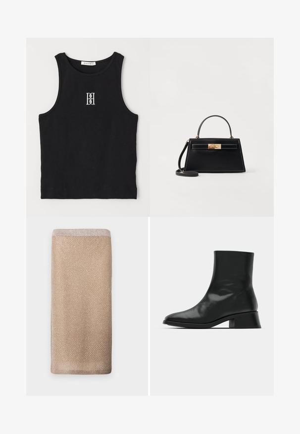 Débardeur noir côtelé avec un col rond et un logo brodé en blanc. Le tissu a une texture lisse avec une coupe ajustée.; Écharpe en maille beige avec un éclat subtil, finition texturée et un bord supérieur de couleur plus claire. Forme rectangulaire.; Bottine noire en cuir brillant, au design épuré, avec un bout pointu et un petit talon bloc pour plus de stabilité.; Sac à main en cuir noir avec une forme trapézoïdale structurée, un fermoir en métal doré et des coutures blanches contrastantes. Comprend une courte poignée et une longue bandoulière.