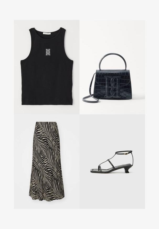 Débardeur noir côtelé avec un col rond et un logo brodé en blanc. Le tissu a une texture lisse avec une coupe ajustée.; Jupe mi-longue en tissu lisse avec un motif de rayures ondulées noir et beige, s'évasant doucement de la taille à l'ourlet.; Sandale en cuir noir avec un bout carré, des fines lanières, une bride de cheville ajustable et un petit talon. Présente un petit accent doré sur la lanière.; Sac à main en cuir noir embossé en crocodile avec un design structuré, une poignée supérieure, une bandoulière ajustable et un détail de logo en avant bien visible.
