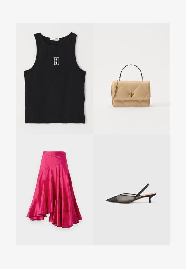 Canotta nera a costine con scollatura rotonda e logo ricamato in bianco. Il tessuto ha una texture liscia con una forma aderente.; Gonna in satin magenta con orlo svasato, caratterizzata da pannelli sovrapposti e design asimmetrico. Tessuto liscio e lunghezza media.; NEOUS IRENA - Decolleté - black; Borsa a tracolla in pelle beige trapuntata con hardware dorato, tracolla a catena e manico superiore. Presenta una patta frontale e un dettaglio con logo distintivo.