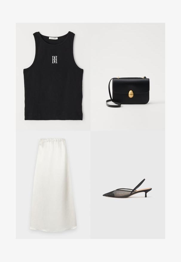 Sort ribbet tanktop med rund hals og hvidt broderet logo. Stoffet har en glat tekstur med en tætsiddende form.; Hvid, ankel-lang nederdel lavet af et glat, let stof med en samlet talje og en subtil tekstureret finish.; NEOUS IRENA - Pumps - black; Sort læderhandbag med en struktureret rektangulær form. Har et gyldent ovalt lås og en tynd skulderrem. Glat tekstur.